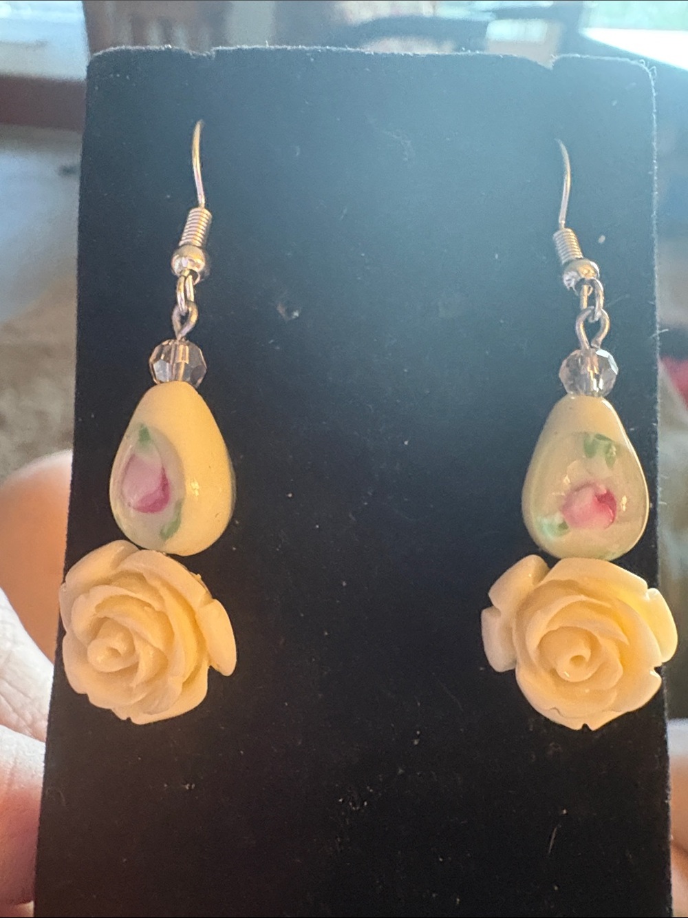 Handcrafted Cream Floral Drop Earrings with Pink Rose Detail